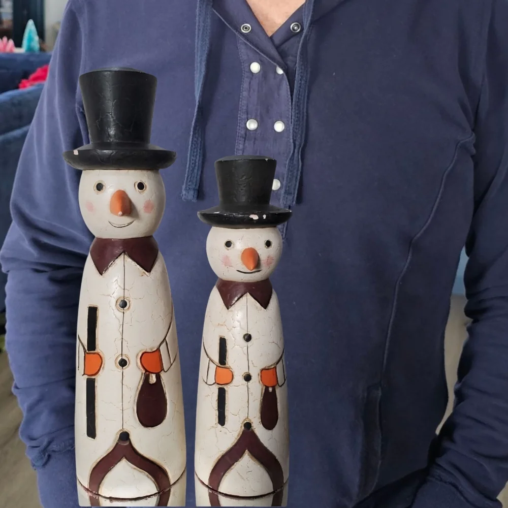 Erzgebirge Style Wood Snowman Pair ⛄️⛄️ Germany Vintage Distressed L👀K
